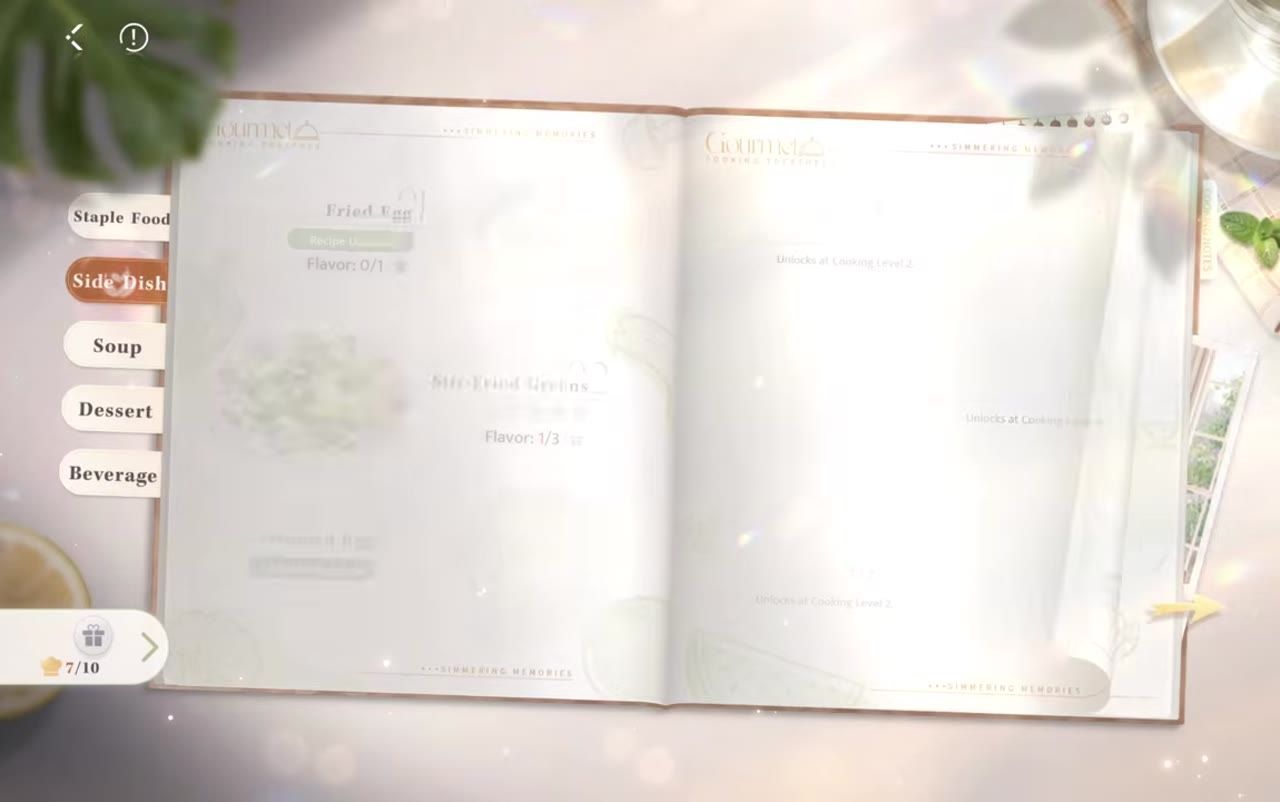 View of a recipe list screen, showing categories and recipes with locked options.
