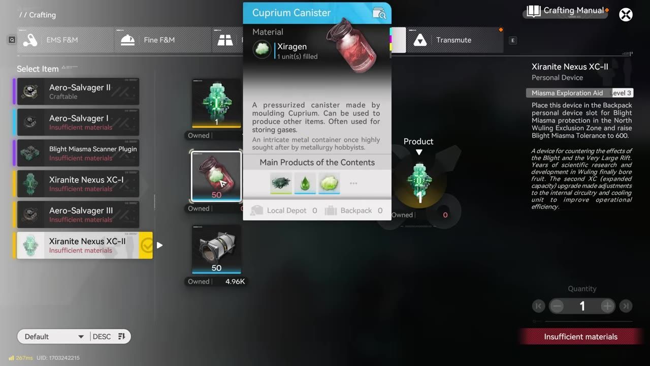 Crafting screen showing a Xiranite Nexus XC-II device at level 3 upgrade.