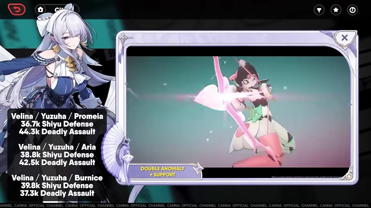 A screen showing character Velina on the left and part of team compositions listed, including Velina, Yuzuha, and Promeia.