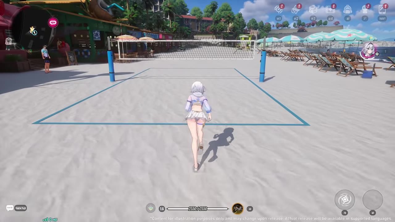 A character stands on a beach volleyball court facing the net on a sunny beach with umbrellas and lounge chairs nearby.