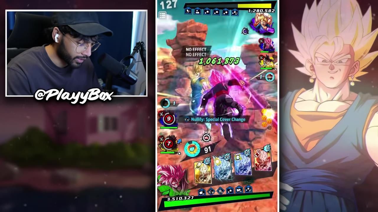 A mobile battle game UI shows combat in progress with damage numbers, effect text, character icons, and a row of cards at the bottom.