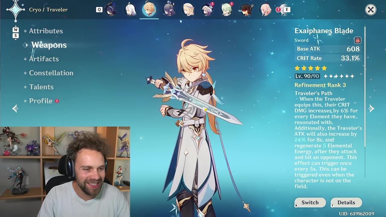Cryo Traveler holding a sword with weapon details displayed.