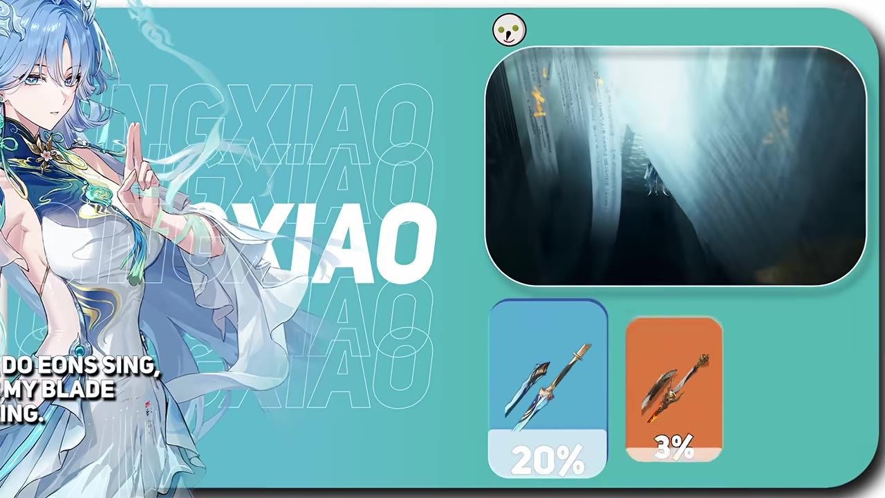 An illustrated character stands on the left beside a comparison layout with two weapon cards, one blue card showing a sword and spear with 20 percent and one orange card showing another weapon with 3 percent.