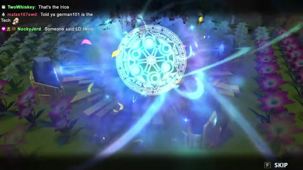 A glowing summoning circle bursts with blue light over a game field while chat text overlays the upper left and a skip prompt appears in the lower right.