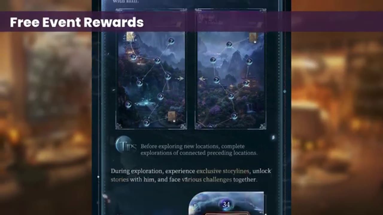 A game event page shows a "Free Event Rewards" header above a map-like progression screen with several numbered nodes and a tips section below.