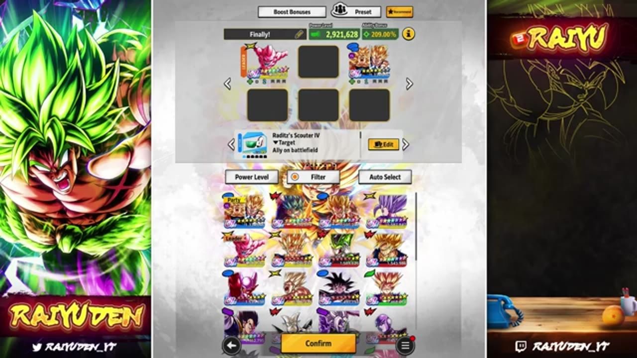 A Dragon Ball Legends team selection screen shows a party with Ultra Kid Buu and a Buu Duo unit near the top, with additional character cards below and a Confirm button at the bottom.