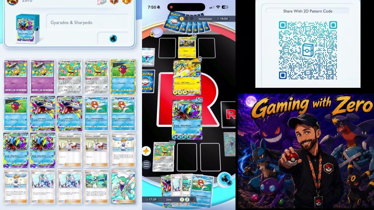 A Pokémon TCG game screen shows a battle board with cards in play and a Magikarp card visible in the hand at the bottom.