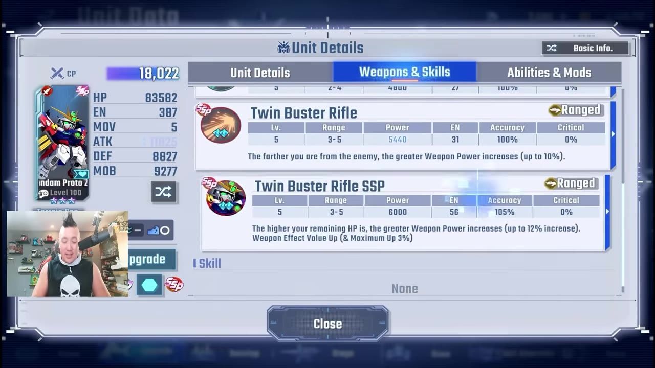 A unit details menu for Wing Gundam Proto Zero is open on the Weapons & Skills tab, showing Twin Buster Rifle and Twin Buster Rifle SSP entries with stats.