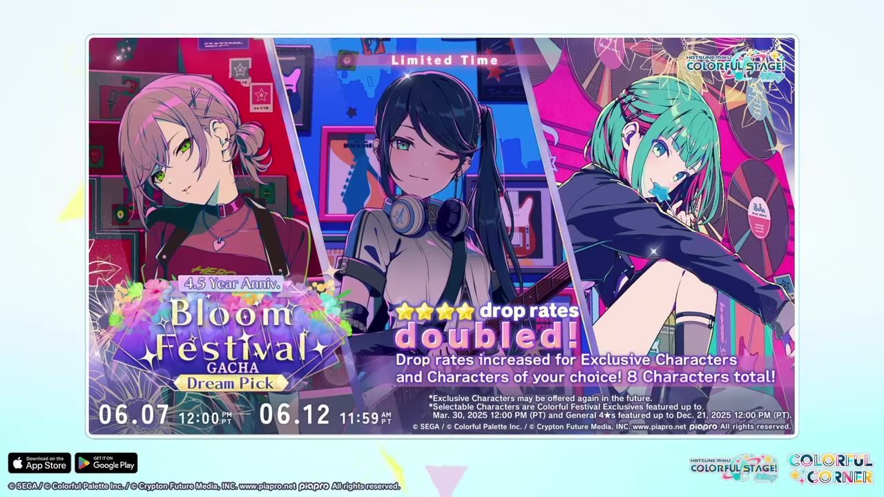 A colorful anniversary gacha banner for Hatsune Miku Colorful Stage shows three characters with the text limited time, Bloom Festival Gacha Dream Pick, and drop rates doubled.