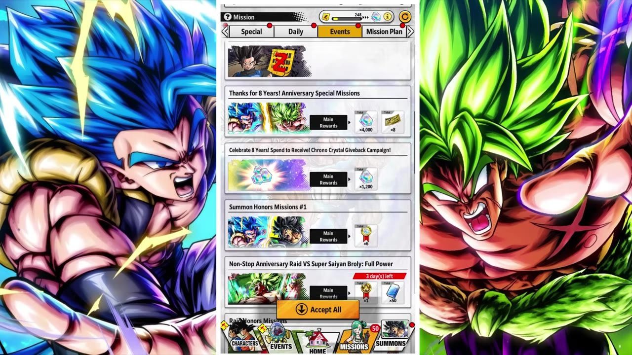 The Missions menu is open on the Events tab, showing anniversary special missions rewards with a Chrono Crystal reward and several other reward tiles.