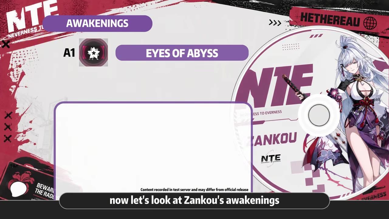 An Awakenings menu shows the first entry labeled A1 Eyes of Abyss with a large empty description panel and character art on the right.