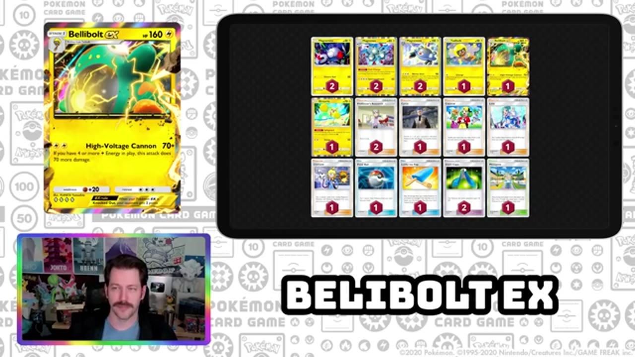 A Bellibolt ex card is shown on the left and a deck list board with Pokémon cards is shown on the right, with a webcam box in the lower left and the word BELIBOLTEX across the bottom.