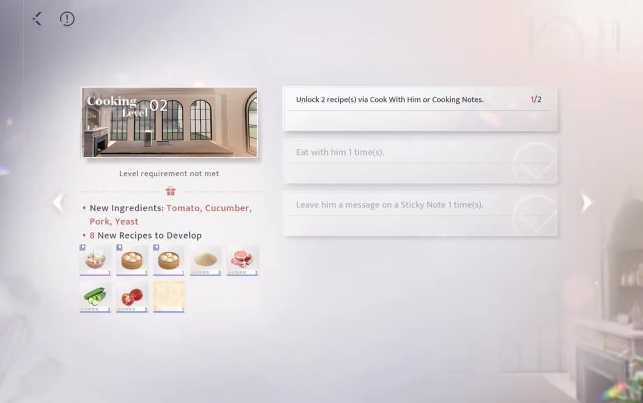 A game screen displaying cooking level features, including new ingredients and recipes to unlock.