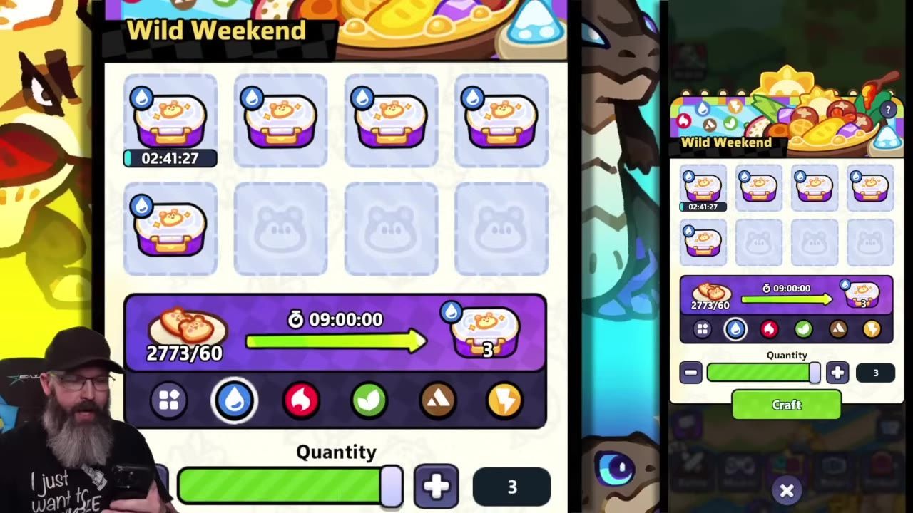 Game menu showing a bento box food selection grid with several slots filled, elemental icons along the bottom, and quantity and craft controls below.