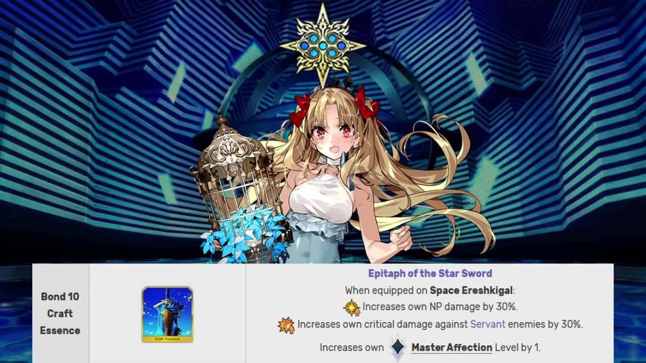 Space Ereshkigal stands on a blue patterned background above a Bond 10 Craft Essence panel showing the CE icon and the effect text.