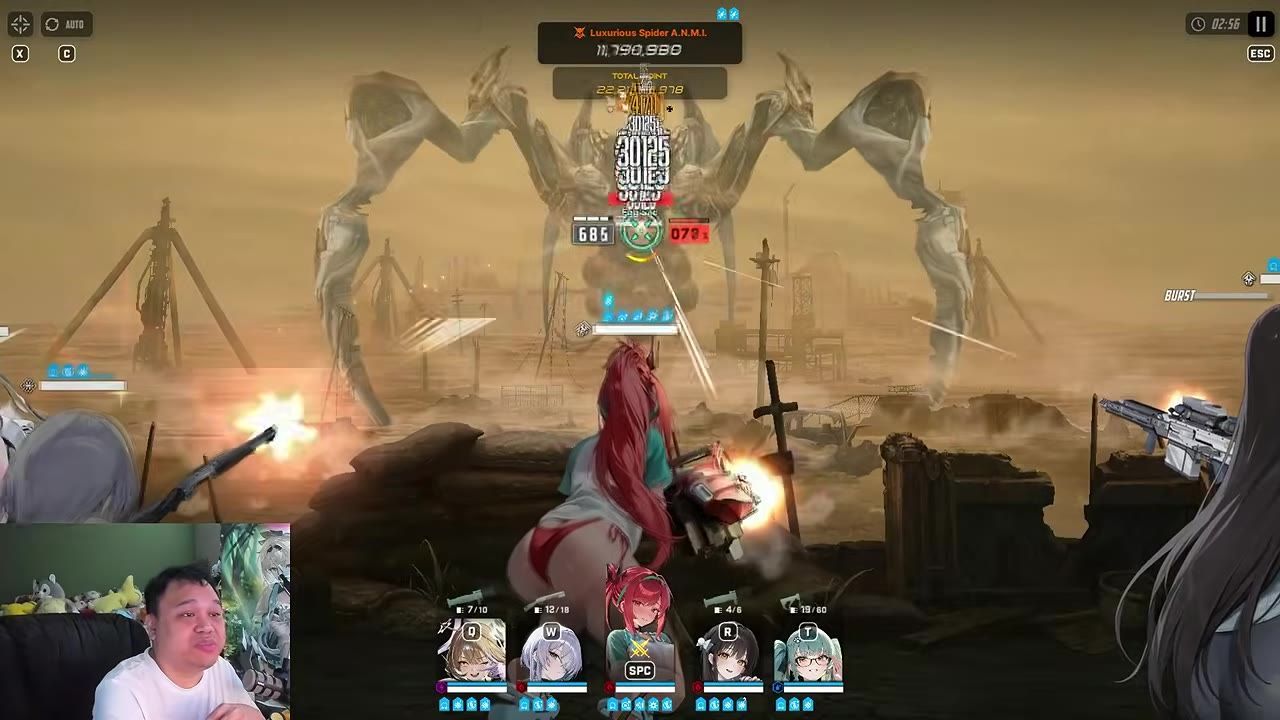 A party fights a giant spider-like boss in a sandy battlefield while damage numbers, burst UI, and character portraits are visible.