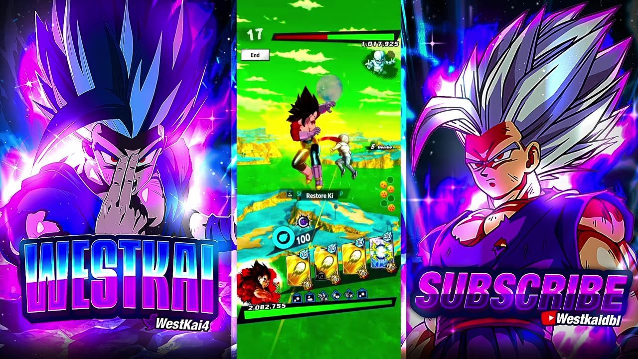 A mobile fighting game battle is shown in the center with characters midair and a row of action cards at the bottom, flanked by two promotional character artworks and large WESTKAI and SUBSCRIBE text.