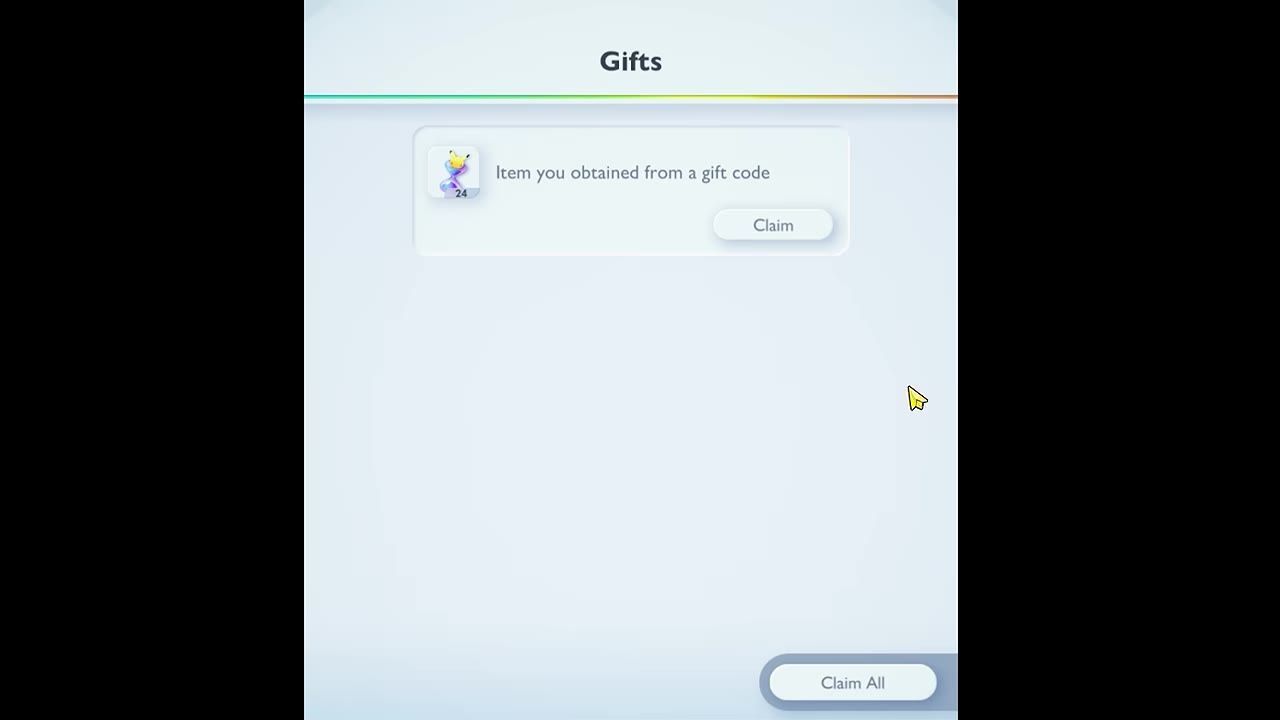 A screen showing the Gifts tab with an item received from a gift code.