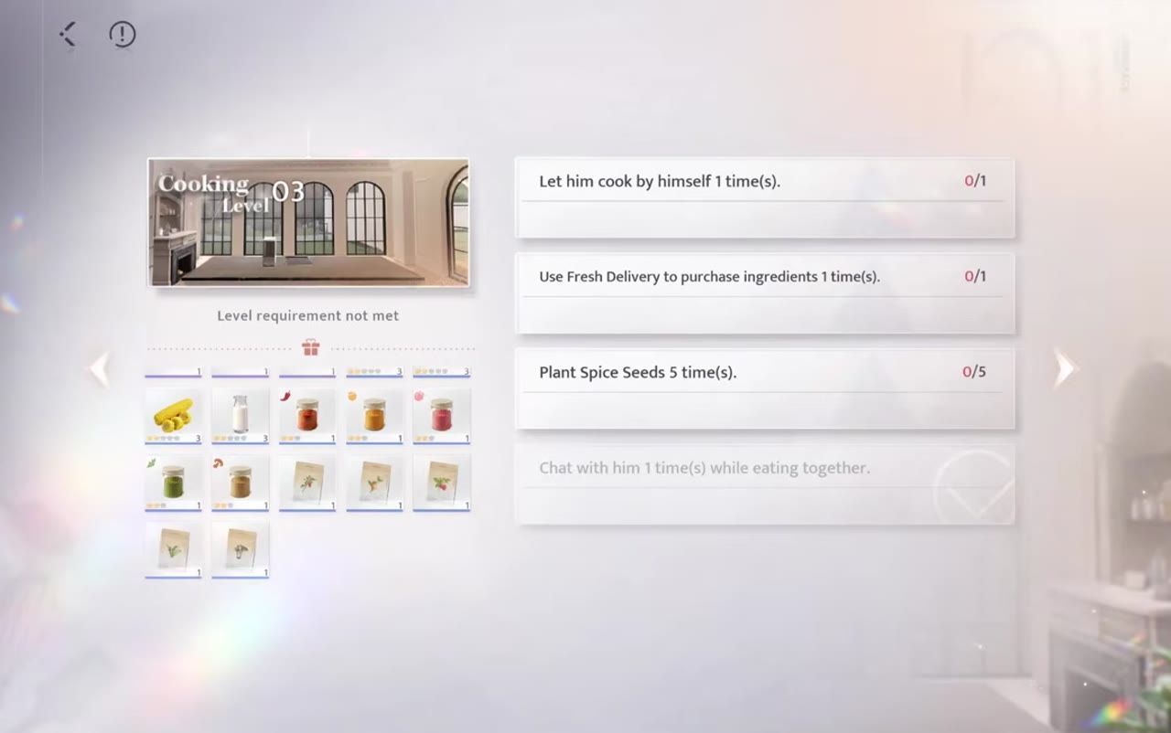 Cooking level interface showing rewards and tasks.