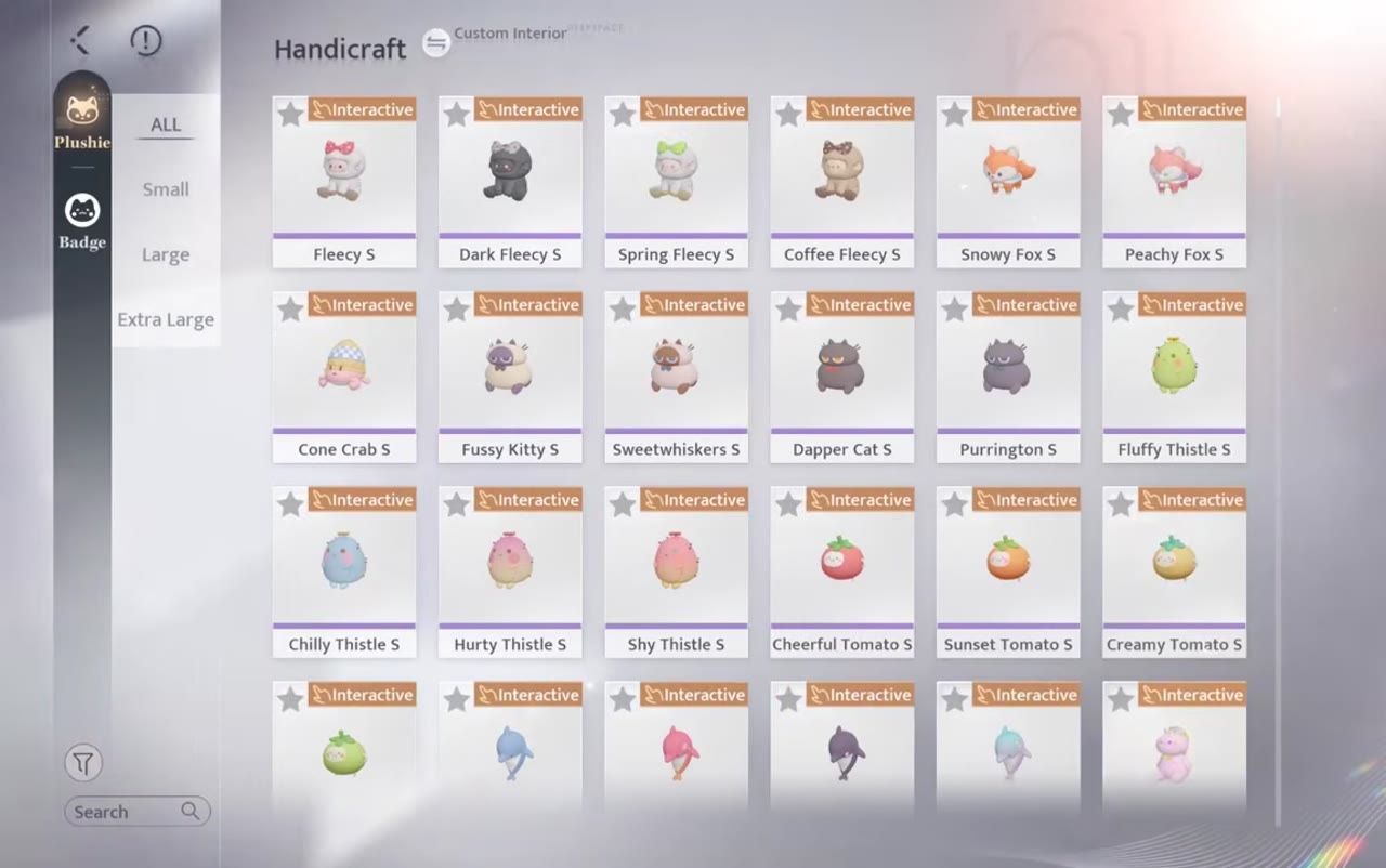 Handicraft interface displaying various plushies and badge options for crafting.