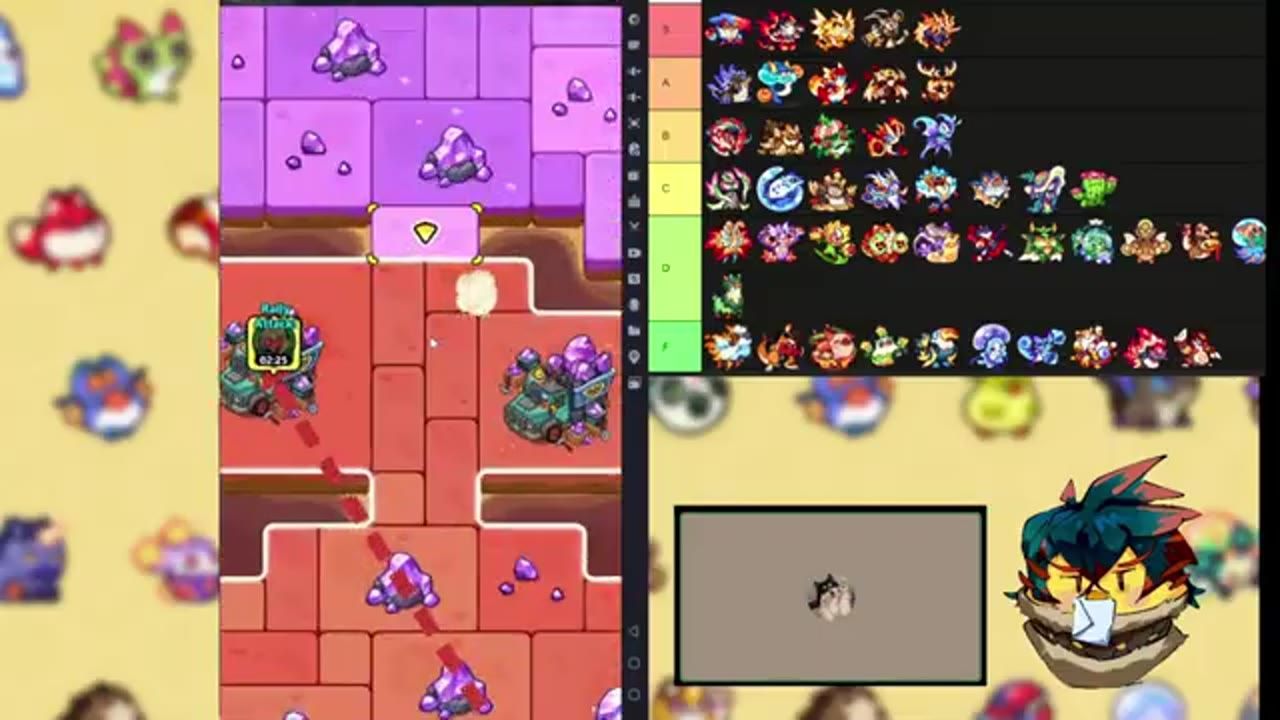 A game screen shows a red and purple tiled battlefield on the left and a lineup editor with rows of character icons on the right.