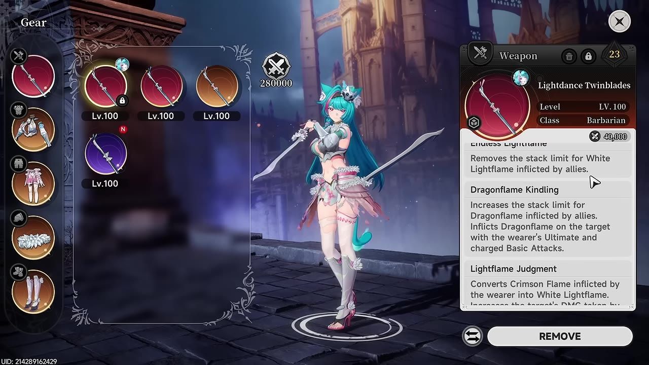 A character gear screen is open with a weapon details panel on the right showing abilities including White Lightflame.