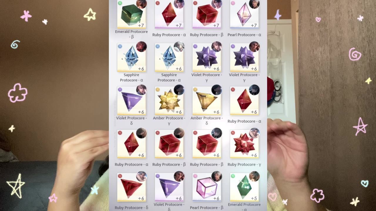 A game inventory or upgrade screen displays a grid of colorful protocores with labels and upgrade levels.