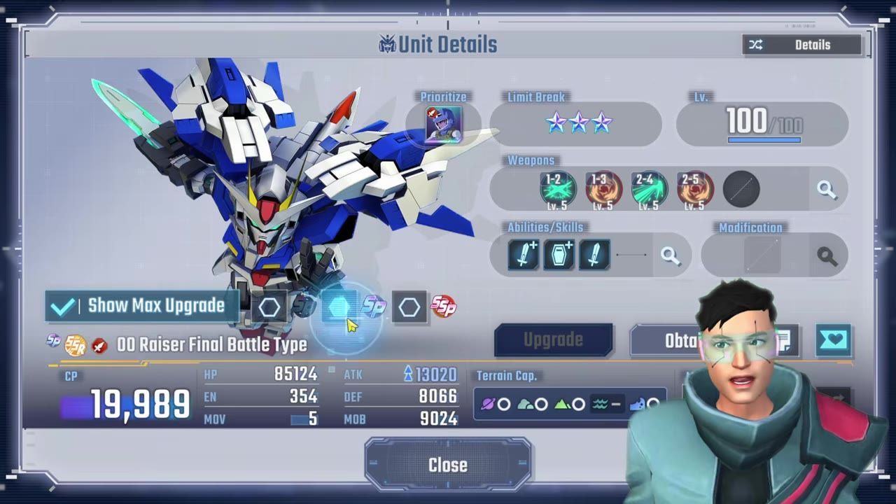 A unit details screen shows a blue-and-white mecha labeled 00 Raiser Final Battle Type with stats and upgrade options.