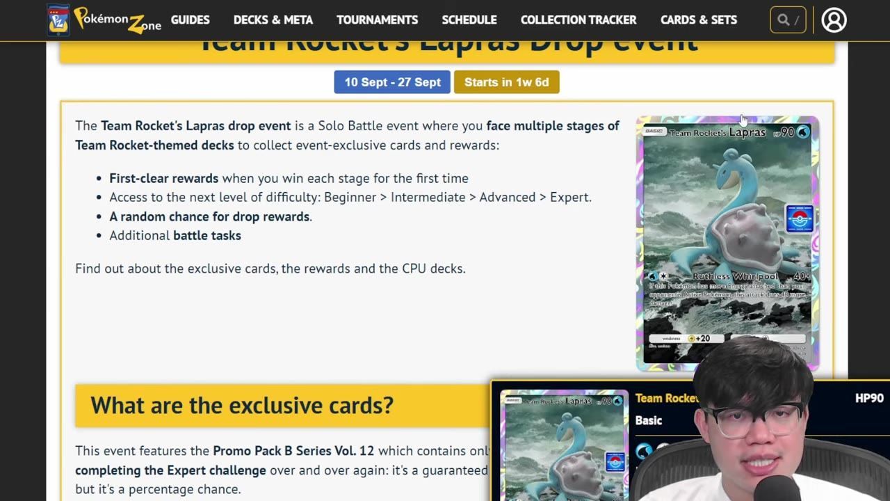 A webpage section about Team Rocket's Lapras drop event shows the event dates and a large Lapras promo card image, with a presenter overlay in the lower right.
