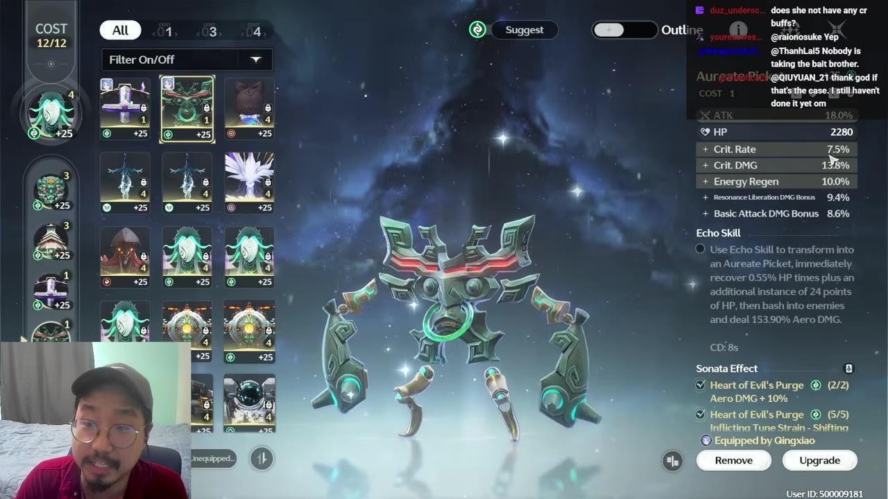 A game character echo equipment screen shows a grid of echo pieces on the left and a stats panel on the right with Crit Rate listed.