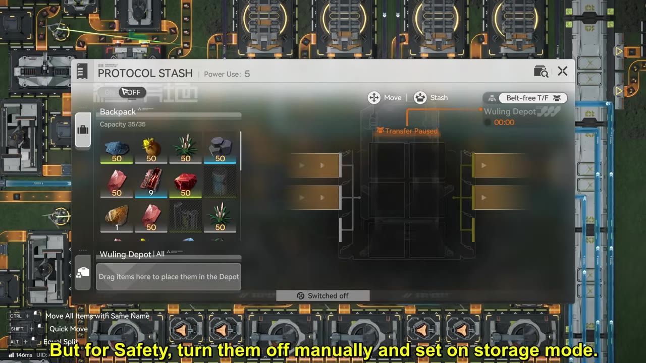 A screen displaying an unpowered protocol stash in a factory setting with storage mode enabled.