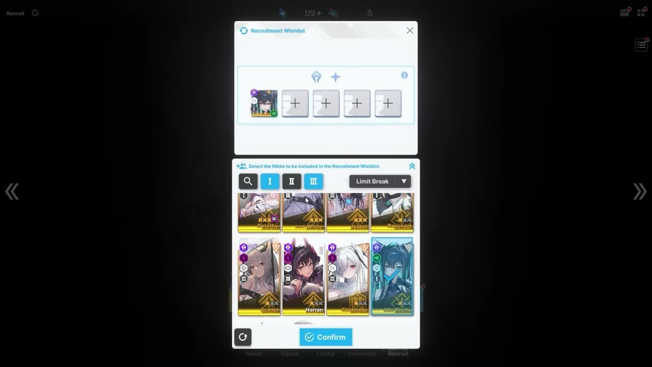 The Recruitment Wishlist screen shows one selected character in the top wishlist row and several high-rarity character cards below, with a Confirm button at the bottom.