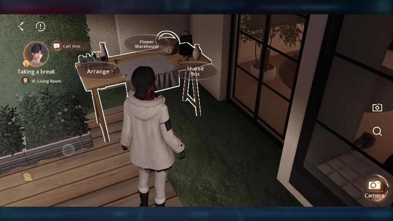 A character stands near a flower arrangement table with interactive labels in a room.