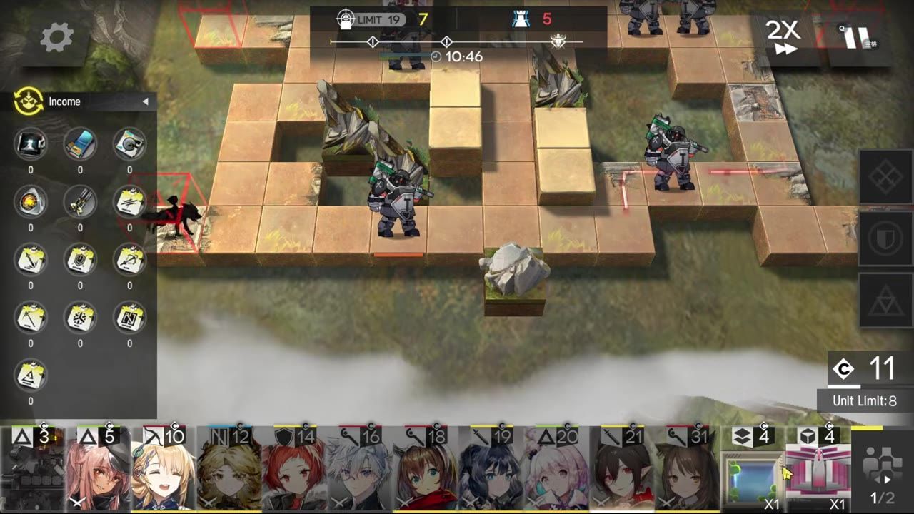 A tactical battle map is shown with beige platform tiles, deployed enemies, the operator roster along the bottom, and combat UI elements on the sides.