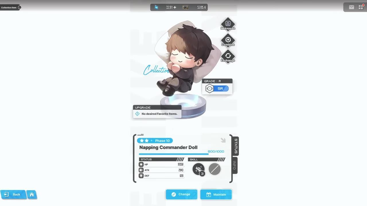 A game collection screen shows a sleeping doll figure labeled Napping Commander Doll with a blue SR grade panel, status stats, and upgrade controls.