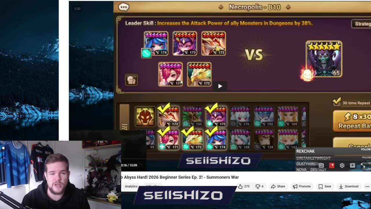 A game screen shows a Necropolis B10 battle setup with several monster portraits in the team slots and a boss portrait on the right, with a webcam overlay in the lower left.