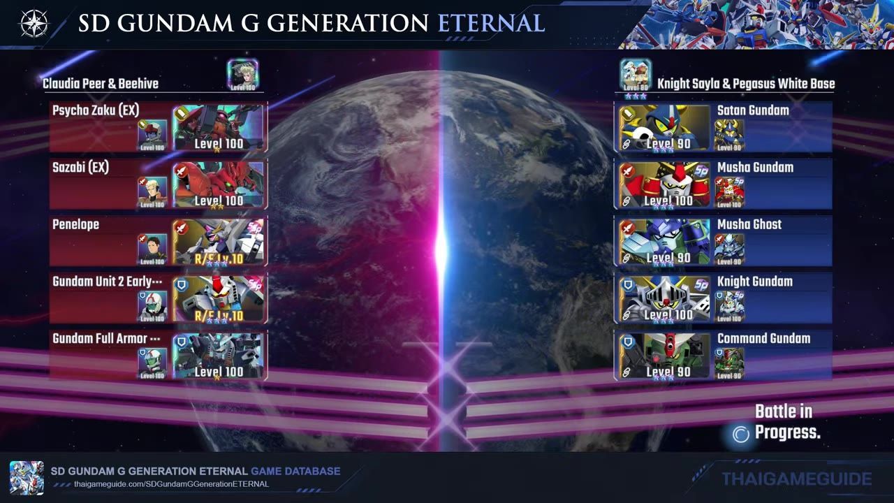A battle matchup screen in SD Gundam G Generation Eternal shows two teams of units facing off with a "Battle in Progress" notice.
