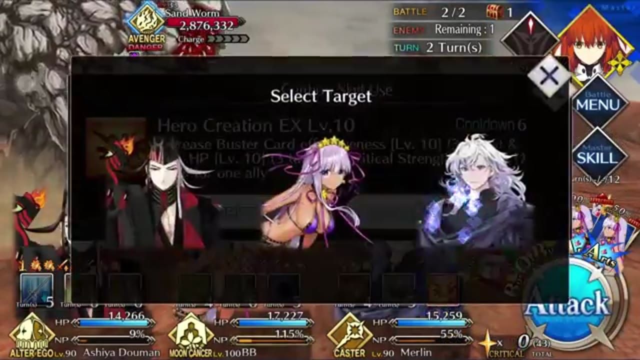 A battle screen is overlaid with a Select Target window showing three party characters, with HP and class icons along the bottom and attack controls on the right.