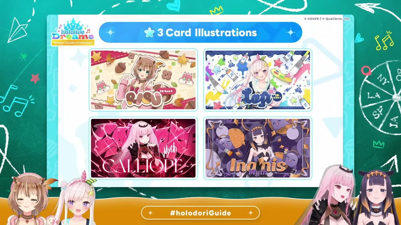 A presentation slide titled "3 Card Illustrations" shows four colorful character card artworks in a grid, with streamer avatars along the bottom edge.