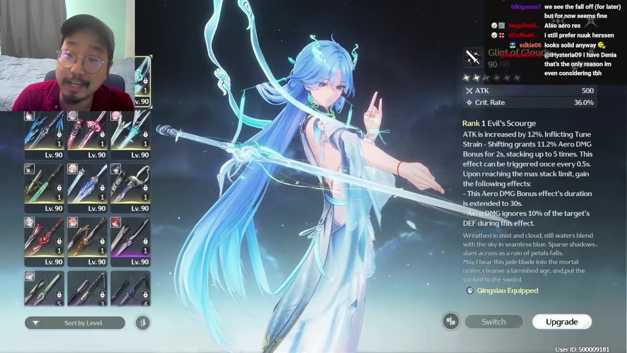 A character screen shows Qingxiao holding a sword, with a grid of weapon options on the left and detailed weapon stats and description on the right.