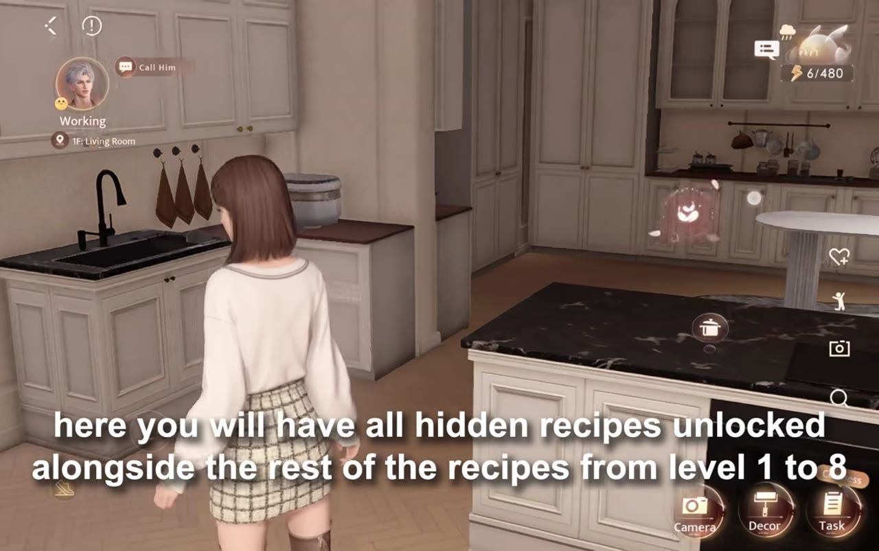 A female game character stands in a bright kitchen with interface icons visible and large subtitles saying hidden recipes are unlocked along with recipes from level 1 to 8.