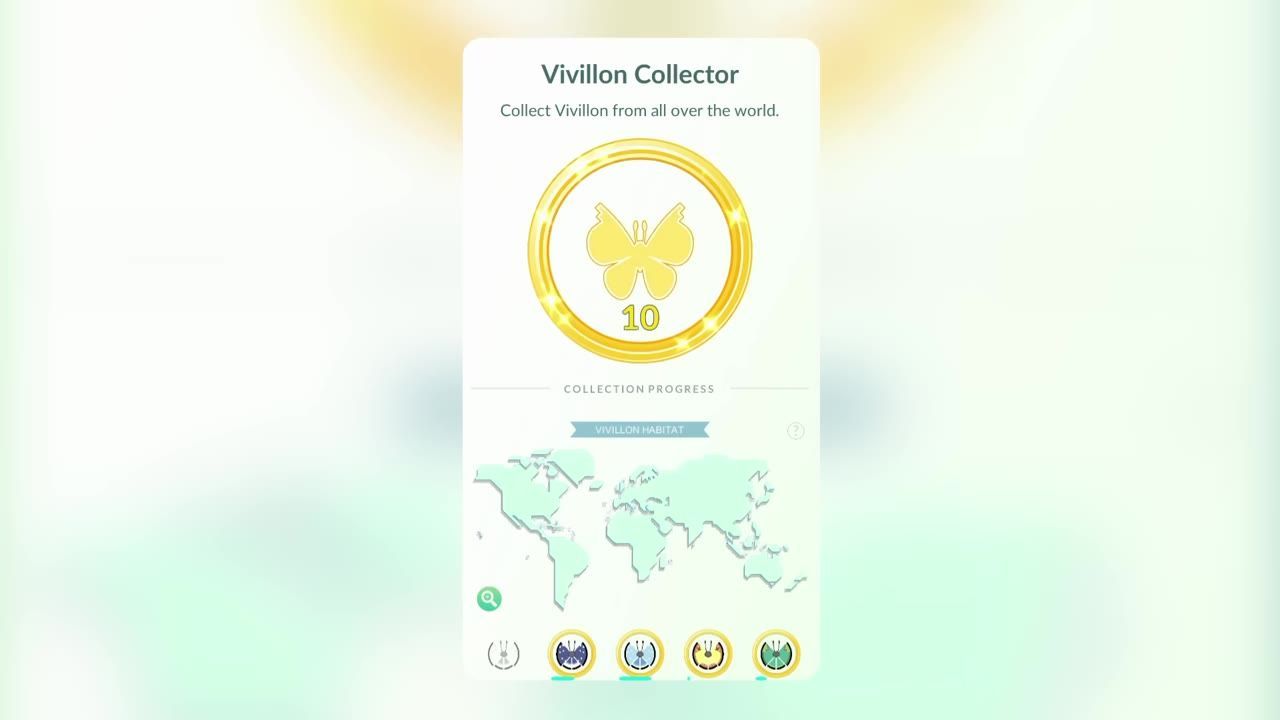 A Vivillon Collector screen shows collection progress, a world map habitat view, and several Vivillon pattern icons along the bottom.