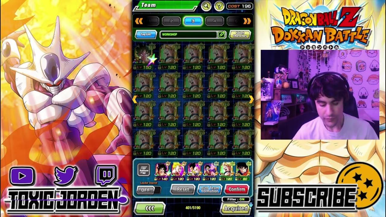 The Team selection screen shows a grid of character cards with selected units along the bottom and menu buttons for team formation.