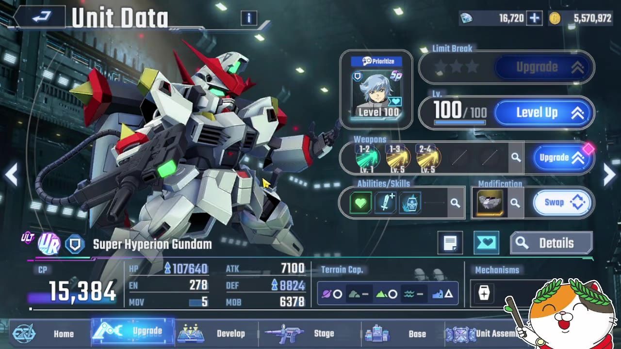 The Unit Data screen shows Super Hyperion Gundam with its model on the left and upgrade, weapons, abilities, and stats panels on the right.