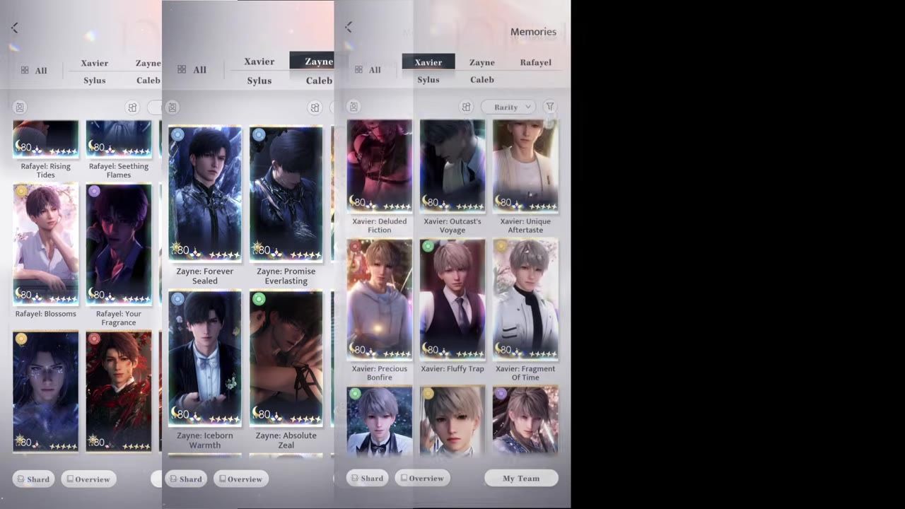 A Memories collection screen shows multiple character memory cards in a grid with star ratings and names under each card.