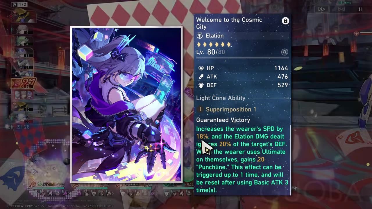 Details of the light cone 'Welcome to the Cosmic City' including its stats and abilities.