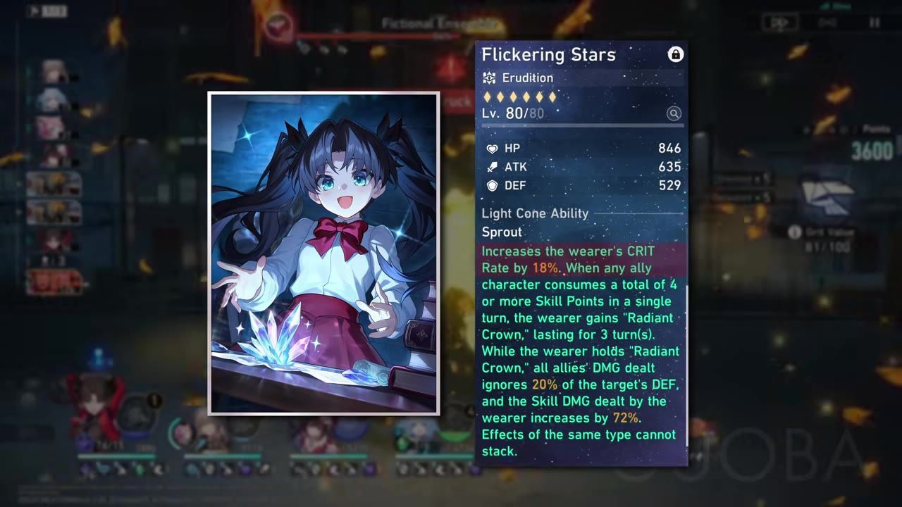 Details of Rin's signature light cone "Flickering Stars" shown within the game view.