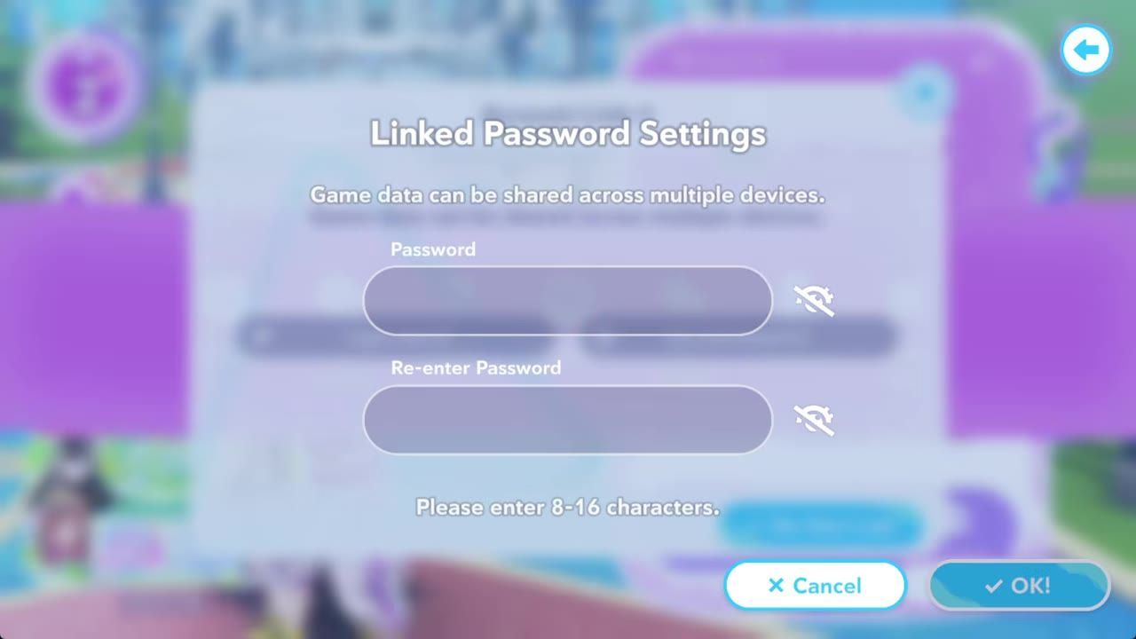 A linked password settings dialog is open with two password fields, visibility toggle icons, and Cancel and OK buttons.