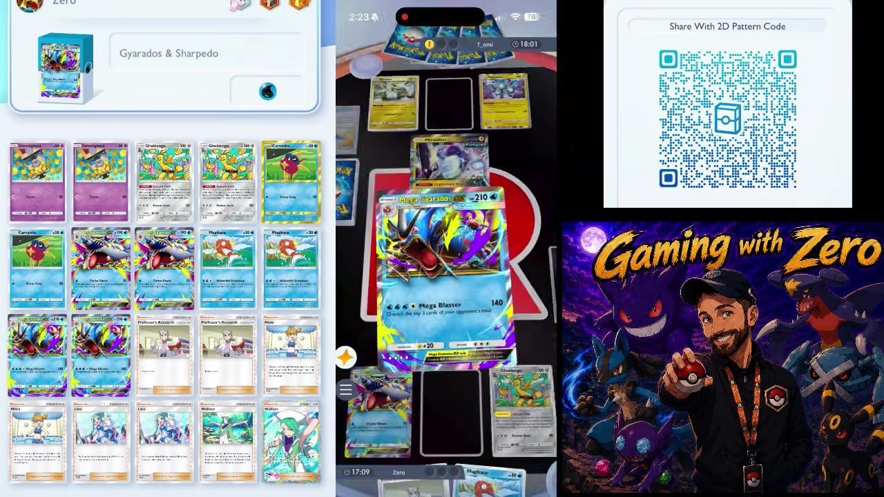 A Pokémon deck-building and battle layout is shown, with card thumbnails on the left, a live match in the center, and a promotional graphic on the right.