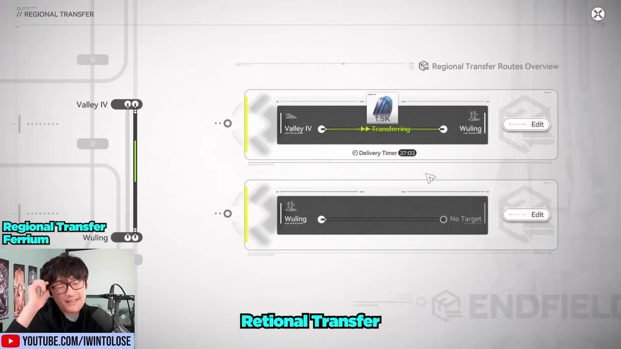 Interface showing regional transfer setup for ferrium resource between Valley IV and Wuling.